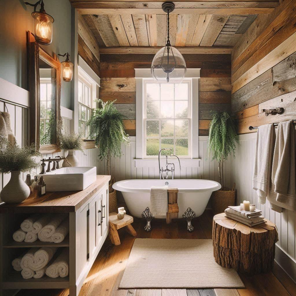 Use ​reclaimed⁤ wood ​for a unique farmhouse bathroom​ touch