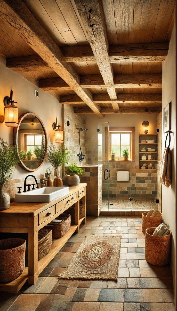 A farmhouse bathroom with reclaimed wood creates ⁢a sustainable aesthetic