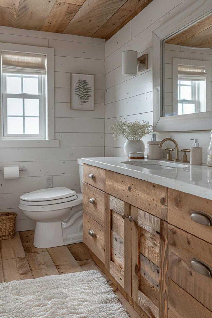 Farmhouse bathroom shiplap walls offer texture and depth