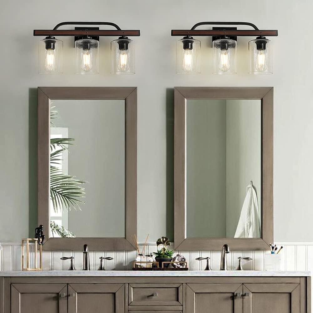 Rustic lanterns provide warm lighting for your farmhouse bathroom ambiance