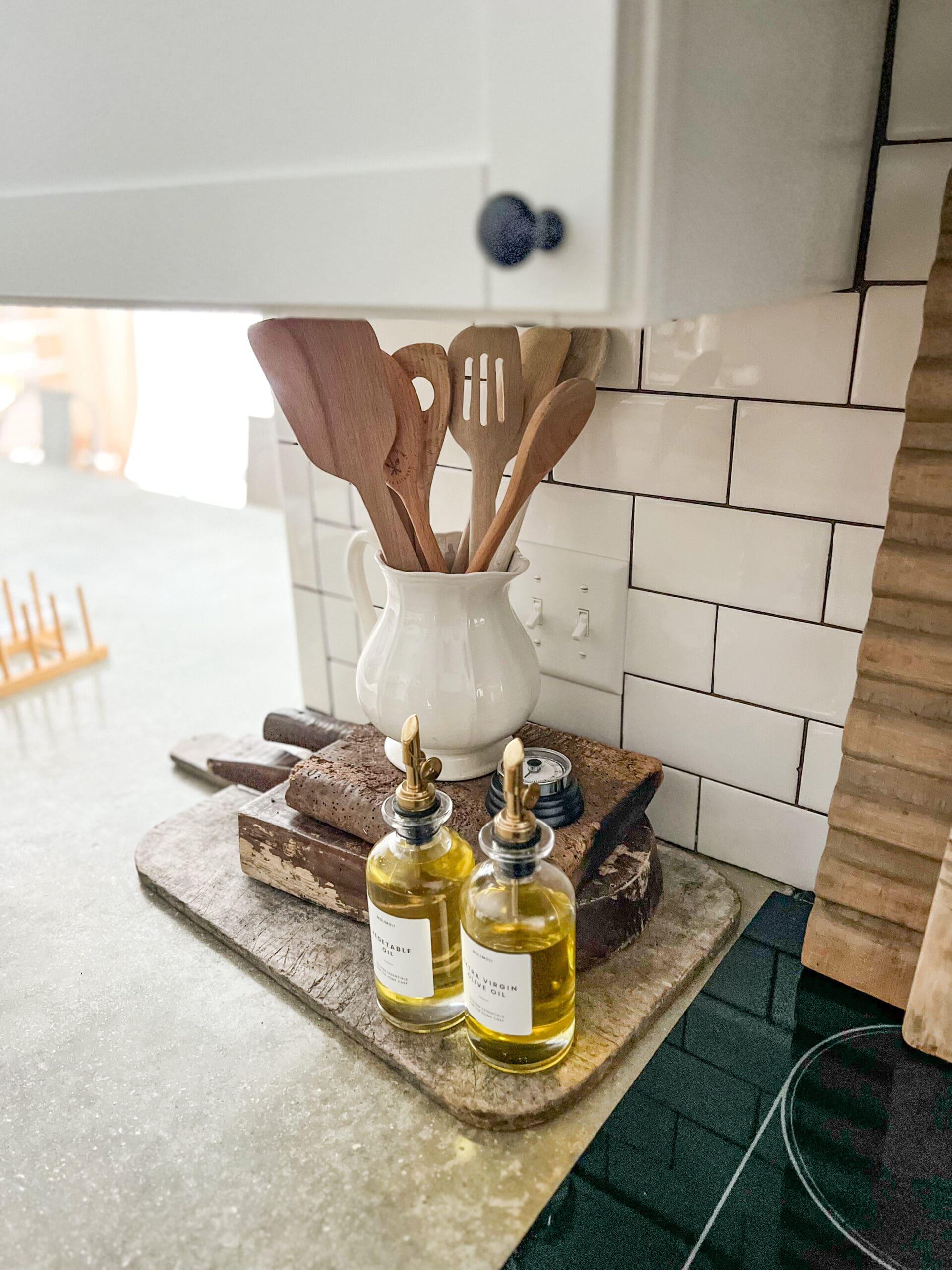 Use decorative baskets to declutter your small kitchen countertops